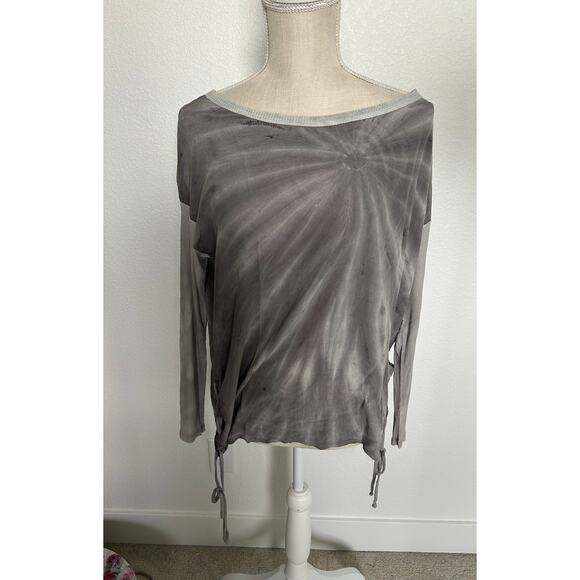 Chaser Gray Wash Tie Dye Crepe De Chine Ribbed Sleeve Lattice Top - M - Picture 1 of 6